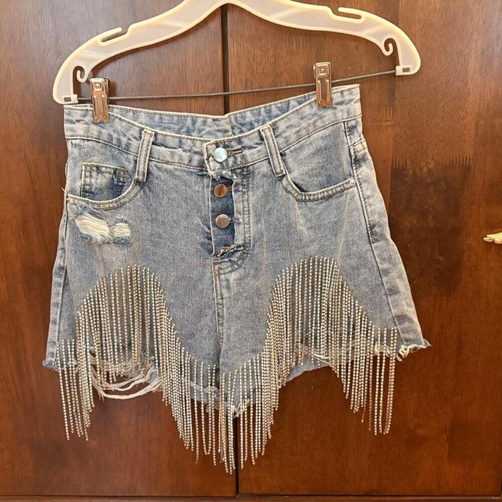 Blue denim shorts with silver